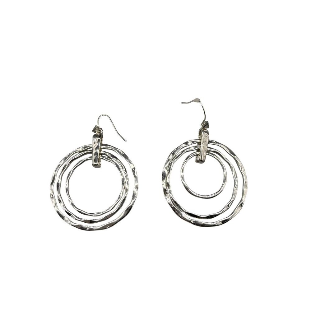 Textured Triple Hoop Dangle Drop Changeable Earrings Silver Tone Minimalist